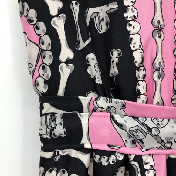 MOSCHINO Black and Pink V-Neck Bones Prehistoric Print Silk Dress Cheap and Chic - Picture 8 of 16